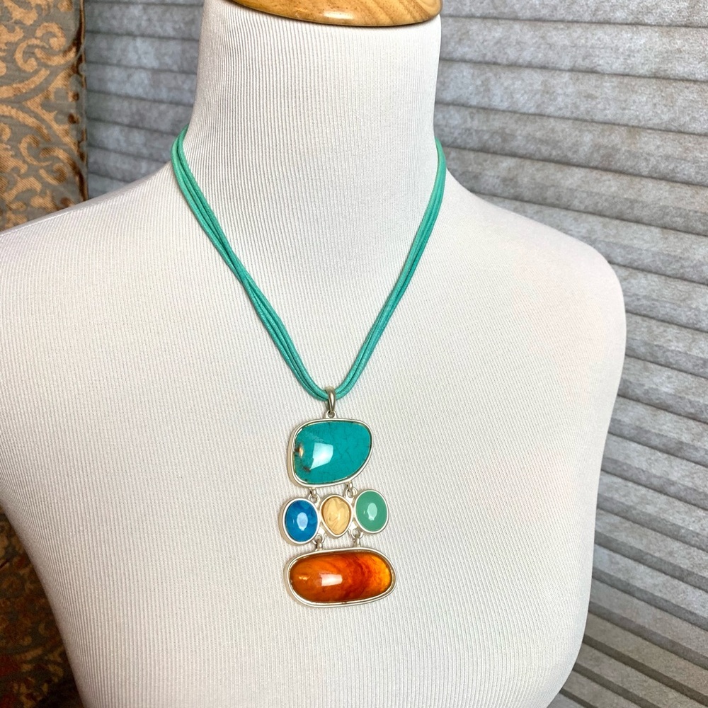 Statement necklace w/ turquoise cord, faux stones